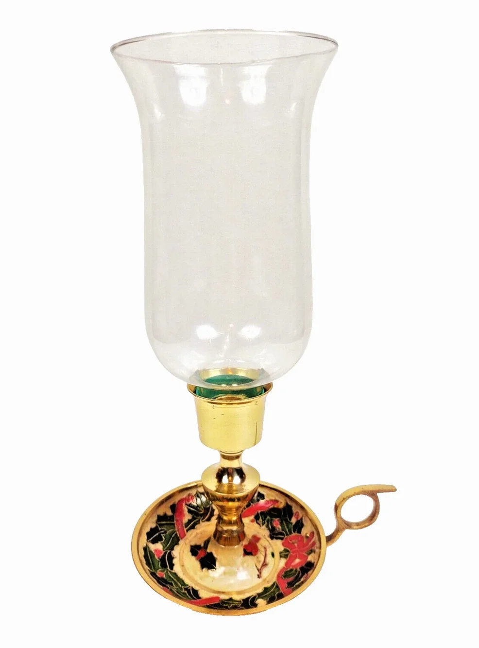 Vintage Brass Chamber Candlestick Holder Painted Enamel Holly Berry Glass Globe